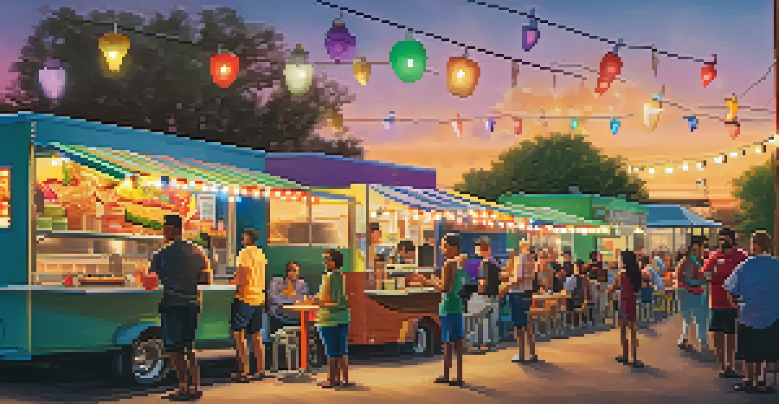People enjoying food from various colorful food trucks at a vibrant outdoor event.