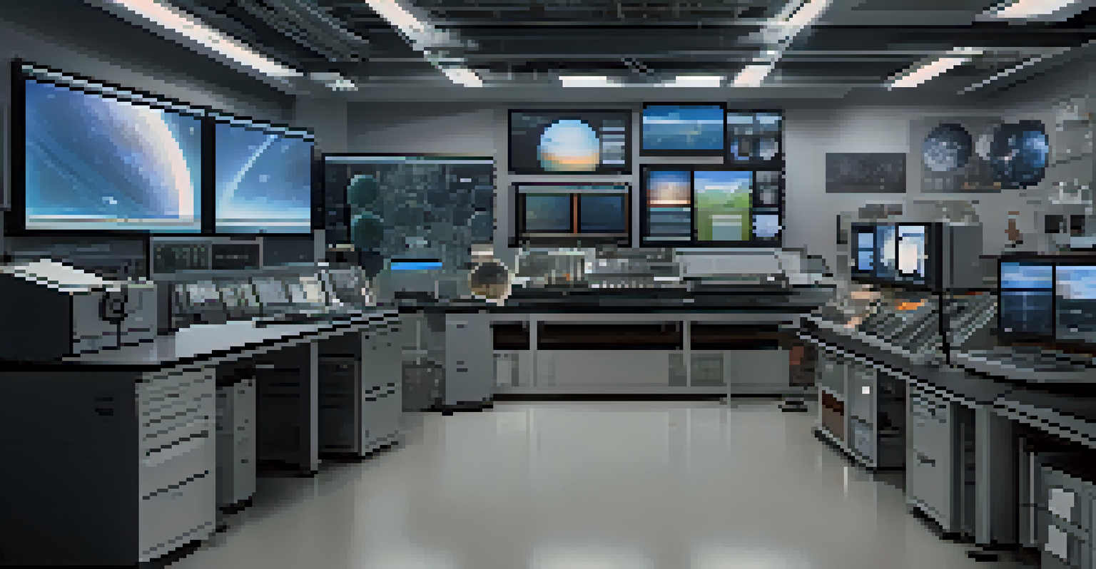 Advanced astronomical equipment in a university lab with a telescope and computers.