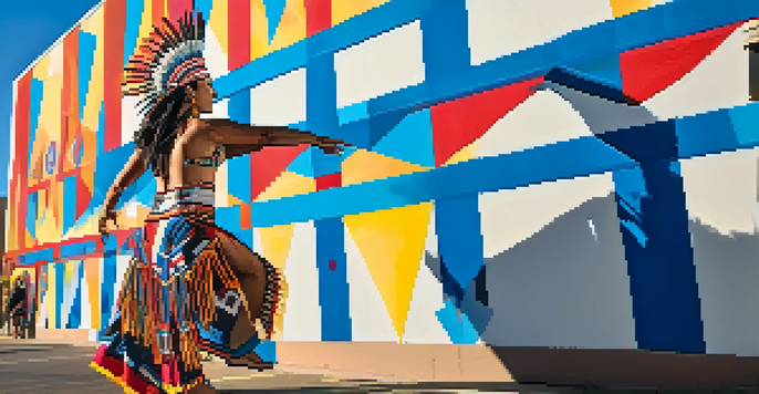 A colorful mural of a Native American dancer in traditional clothing on a city wall, with bright patterns and a blue sky.