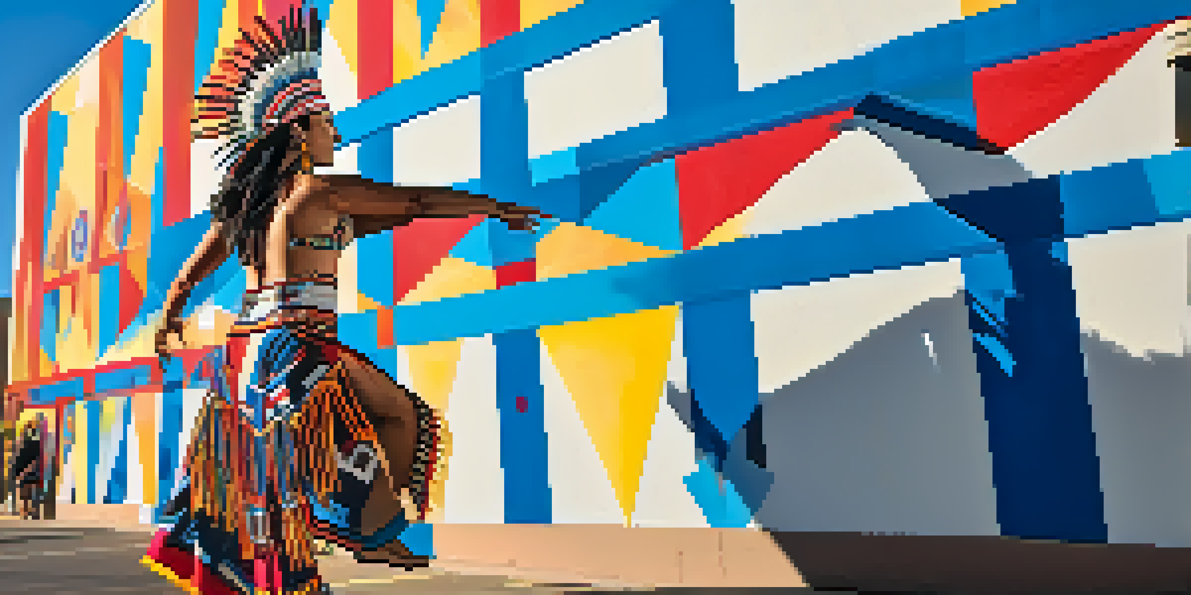 A colorful mural of a Native American dancer in traditional clothing on a city wall, with bright patterns and a blue sky.