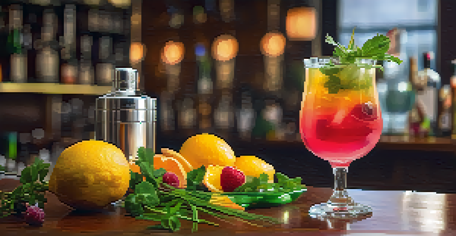 A beautifully presented craft cocktail with fresh herbs and fruits on a wooden bar.