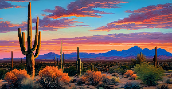 A sunset view of the Phoenix desert landscape with silhouetted cacti and colorful skies.