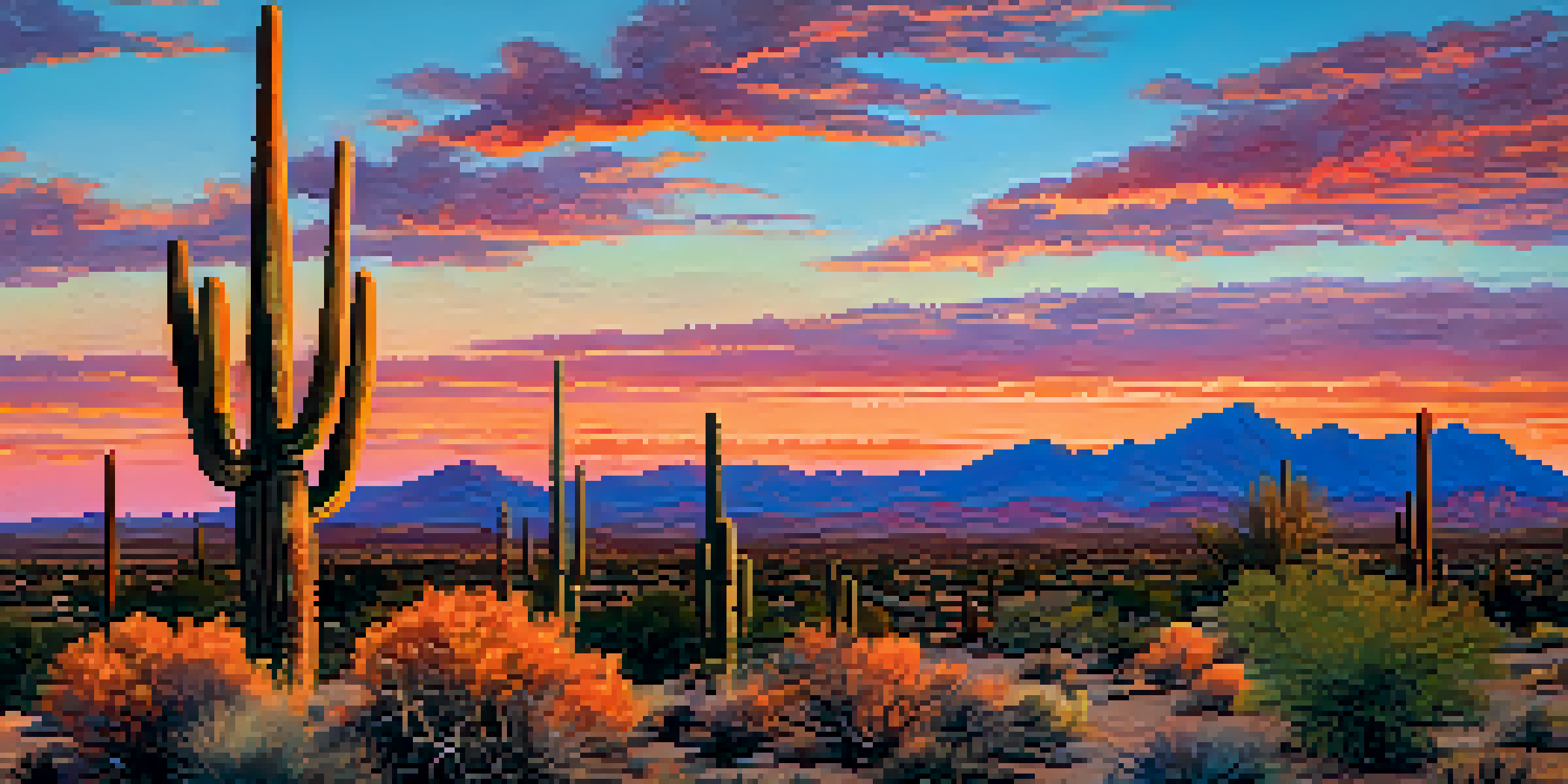 A sunset view of the Phoenix desert landscape with silhouetted cacti and colorful skies.