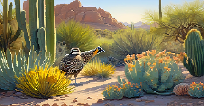 A tranquil morning scene in the Desert Botanical Garden with colorful desert plants and a Gambel's quail among the flowers.