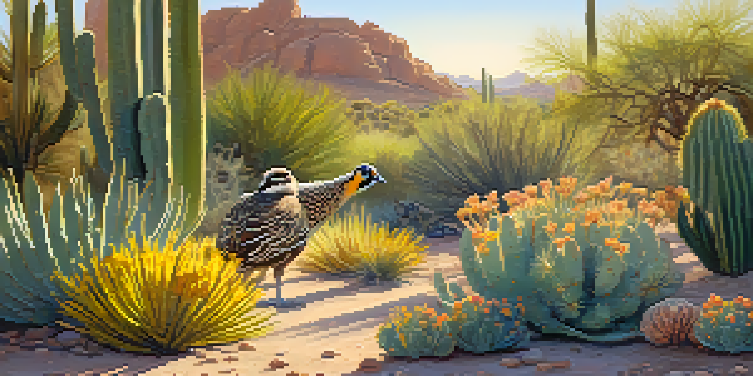 A tranquil morning scene in the Desert Botanical Garden with colorful desert plants and a Gambel's quail among the flowers.