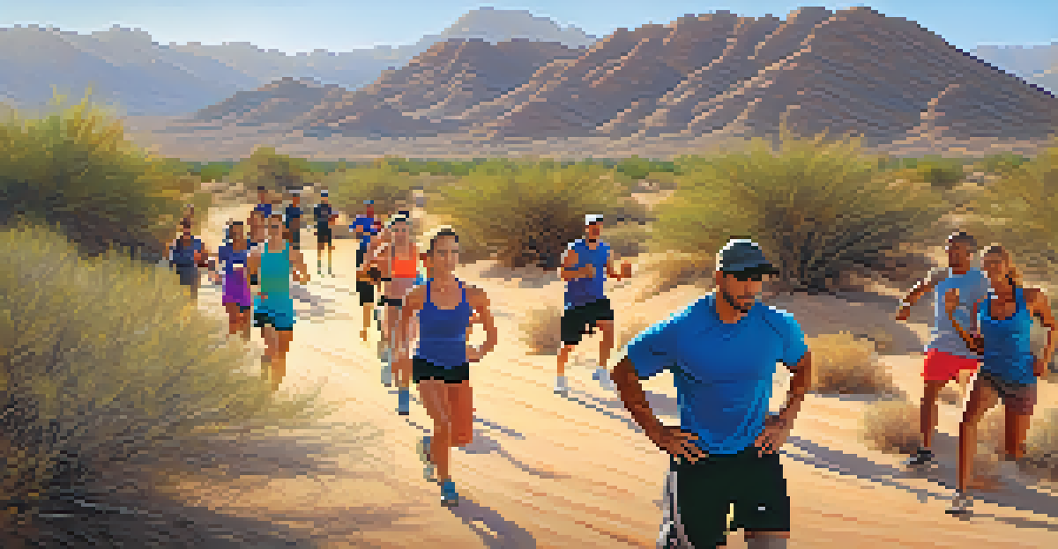 A diverse group of individuals participating in outdoor fitness activities in the desert, with dumbbells and running gear.