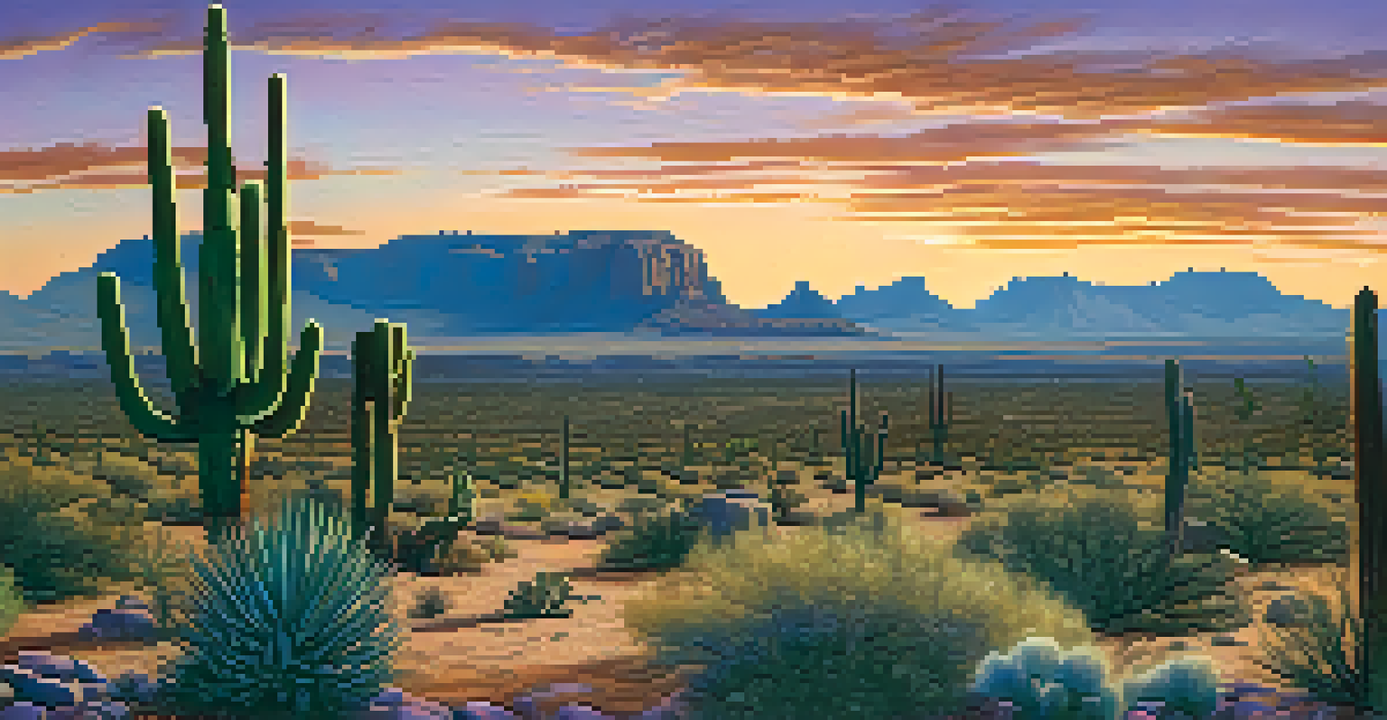 A tranquil desert landscape in Phoenix at dusk, with a rock formation engraved with Native American place names and colorful sky.