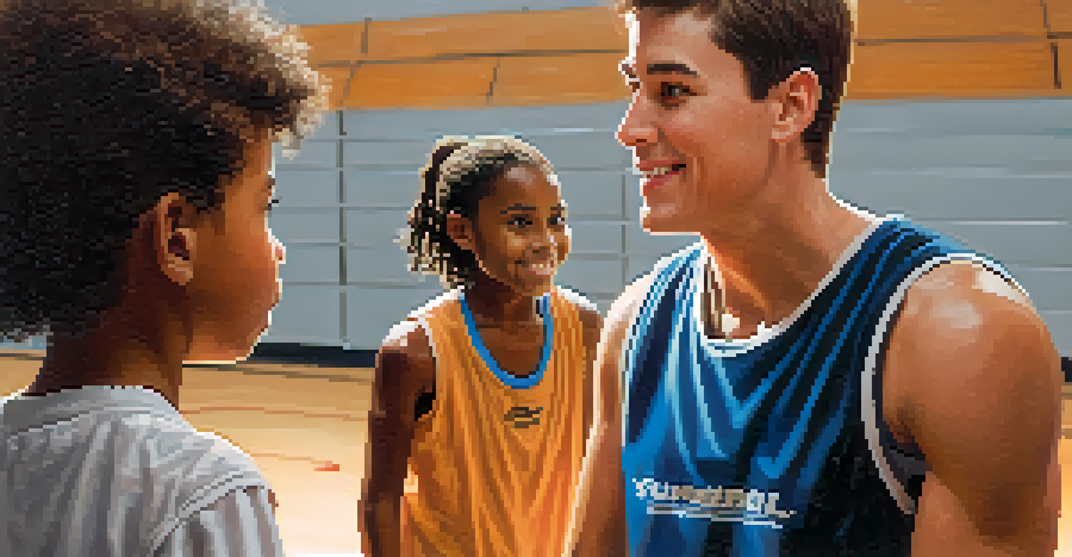 A youth coach encouraging a young athlete during basketball practice in a gymnasium.