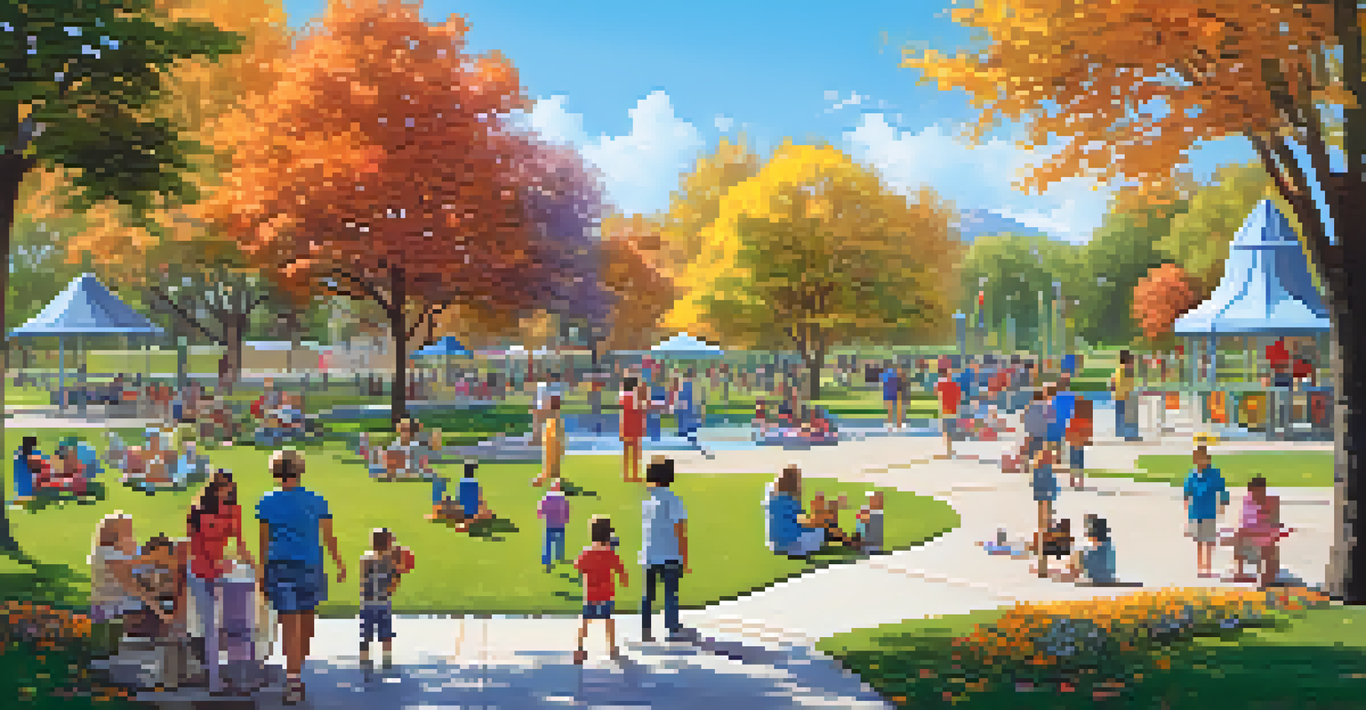 Families gathered in Arcadia Park enjoying a sunny day, with children playing and adults picnicking in a vibrant outdoor setting.