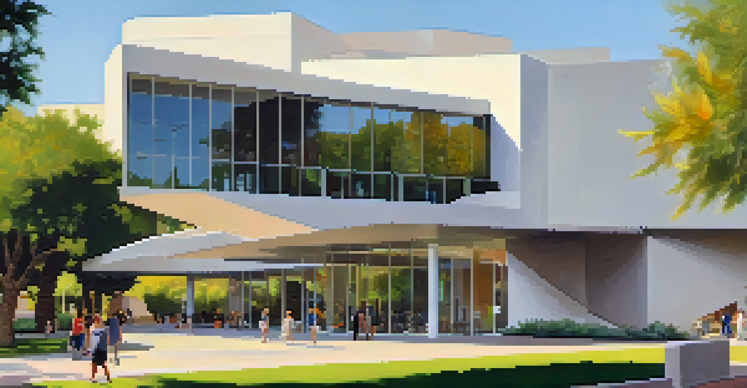 The Phoenix Art Museum showcasing modernist architecture surrounded by gardens and people.