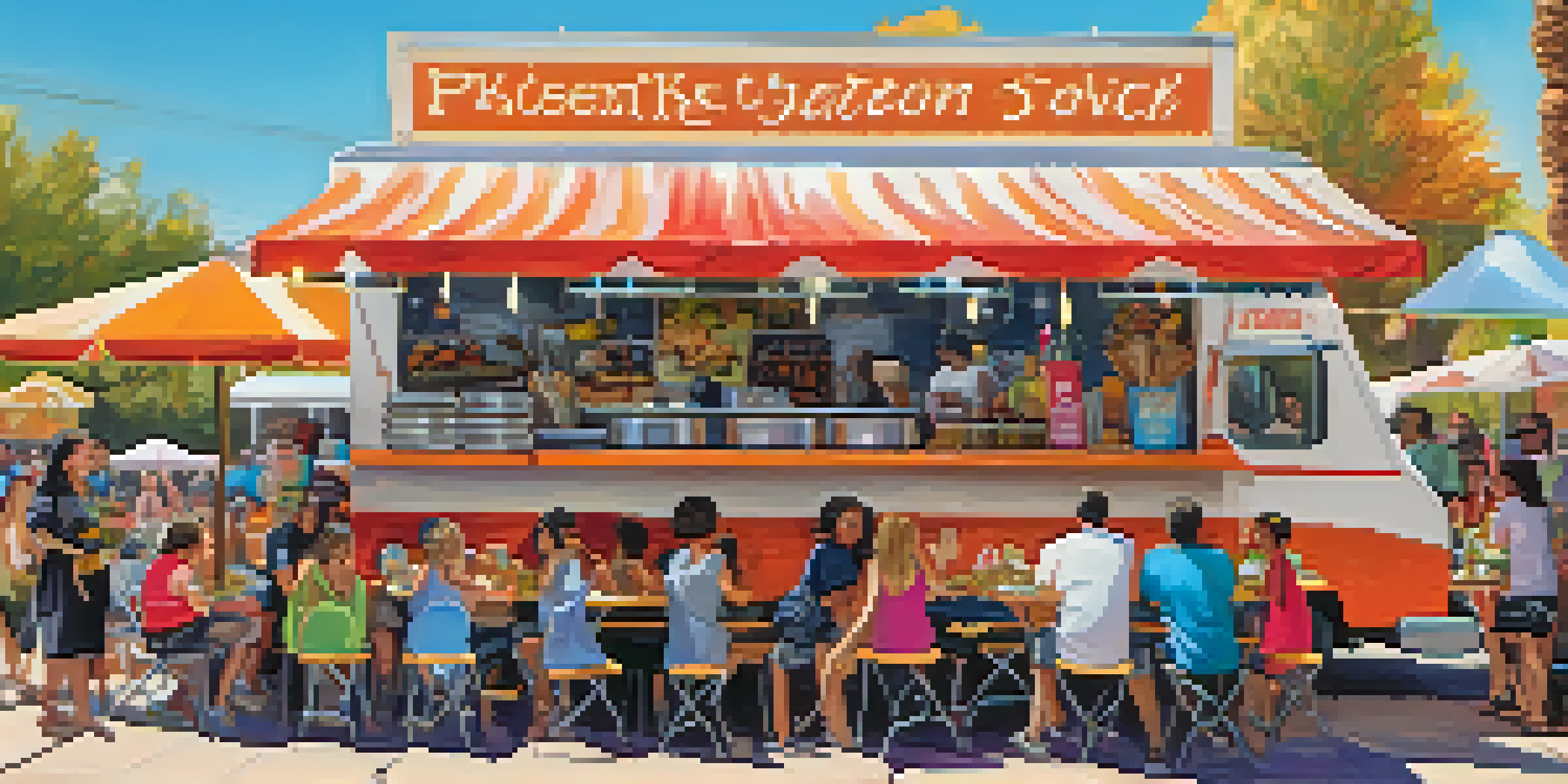 A lively food truck festival with colorful trucks and happy attendees sampling food under a blue sky.