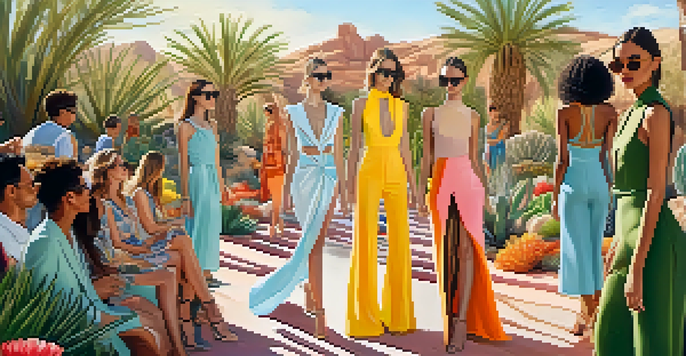 A fashion runway show in the Desert Botanical Garden with models in eco-friendly clothing and colorful desert plants in the background.