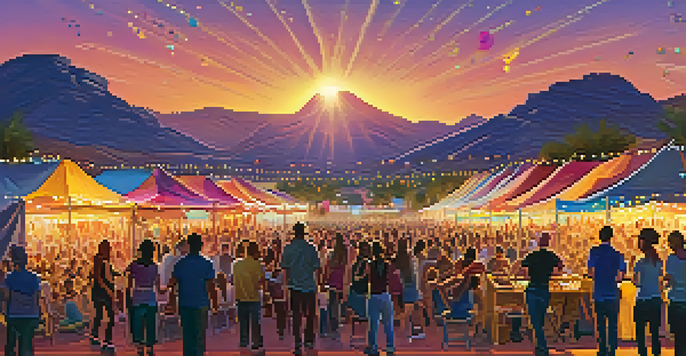 An outdoor music festival in Phoenix showcasing a lively atmosphere with crowds, a stage with colorful lights, food vendors, and a sunset sky.