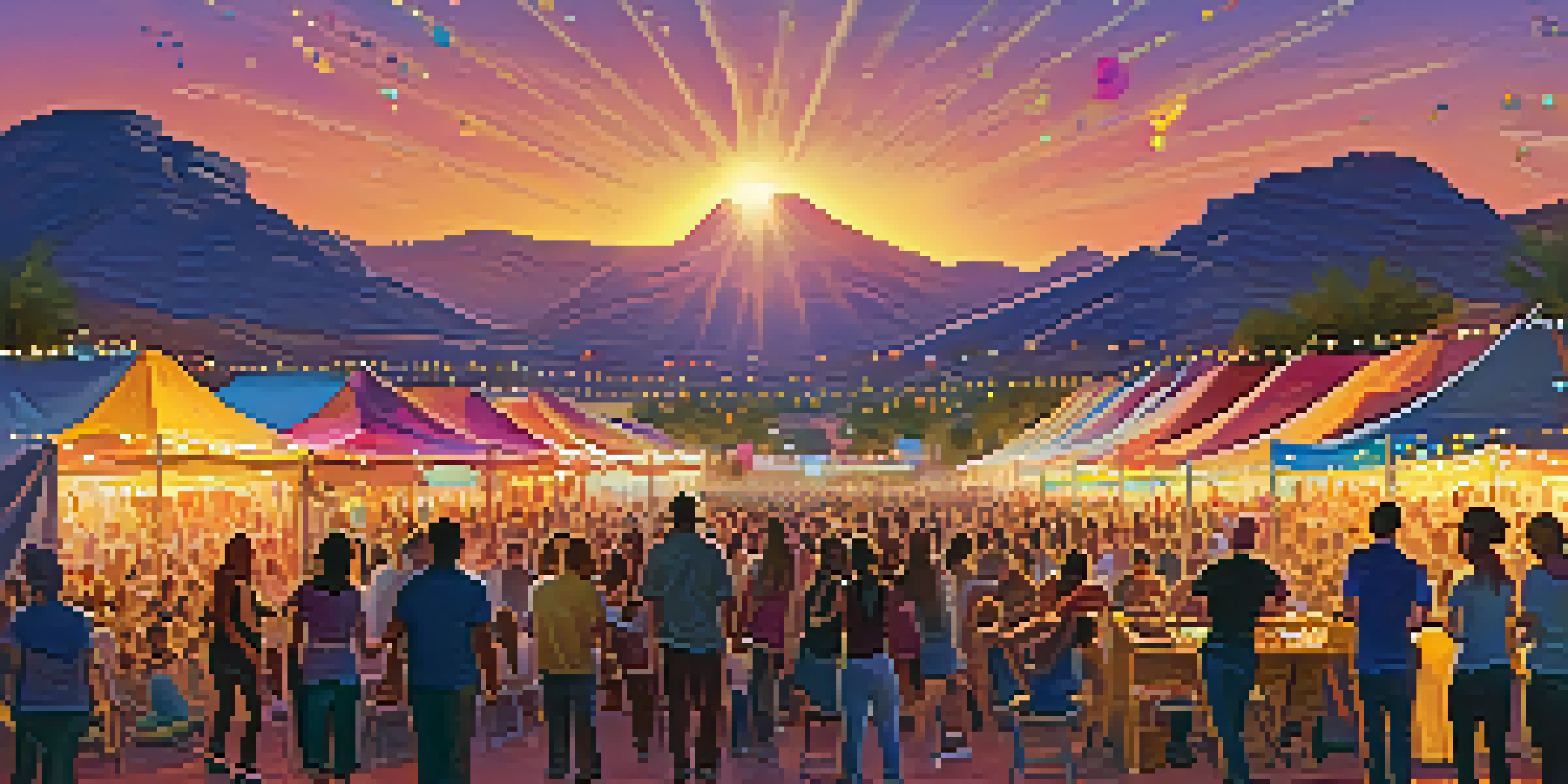 An outdoor music festival in Phoenix showcasing a lively atmosphere with crowds, a stage with colorful lights, food vendors, and a sunset sky.