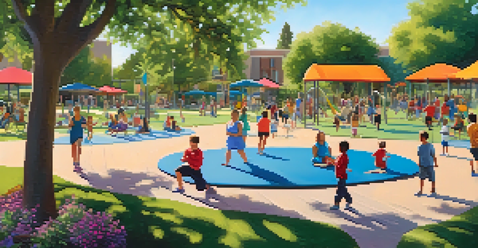 A lively community park in Phoenix with families engaged in various outdoor activities under warm sunlight.