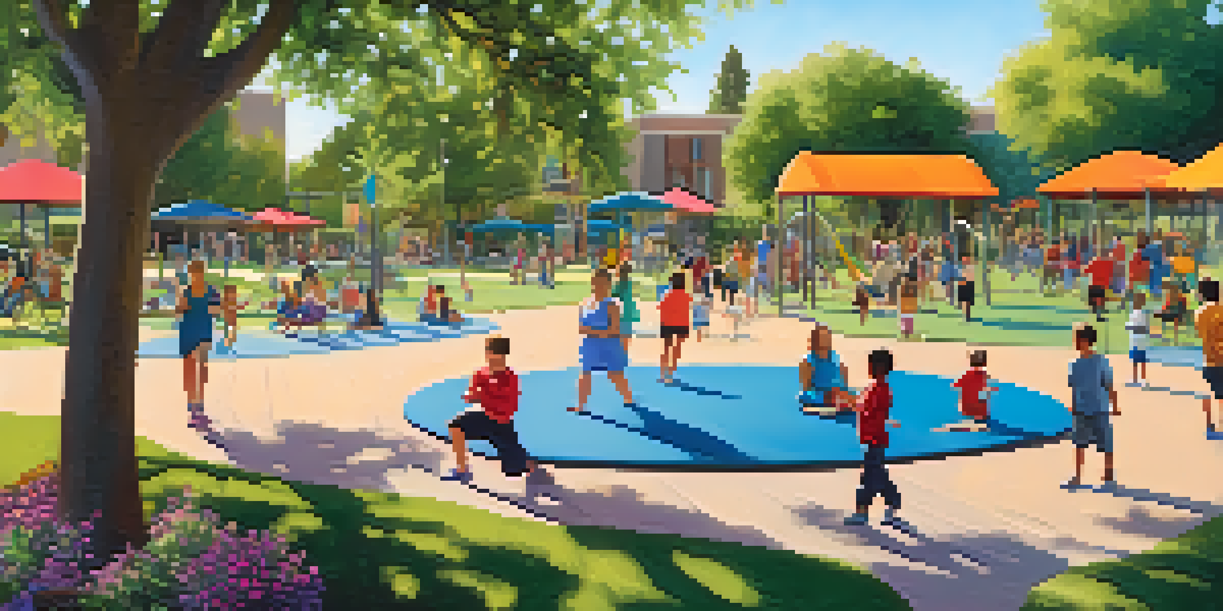 A lively community park in Phoenix with families engaged in various outdoor activities under warm sunlight.