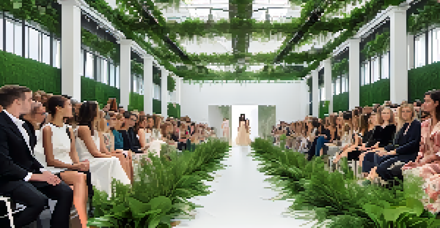 An elegant fashion runway featuring eco-friendly collections from local designers, adorned with greenery and sustainable materials, with models showcasing organic garments.