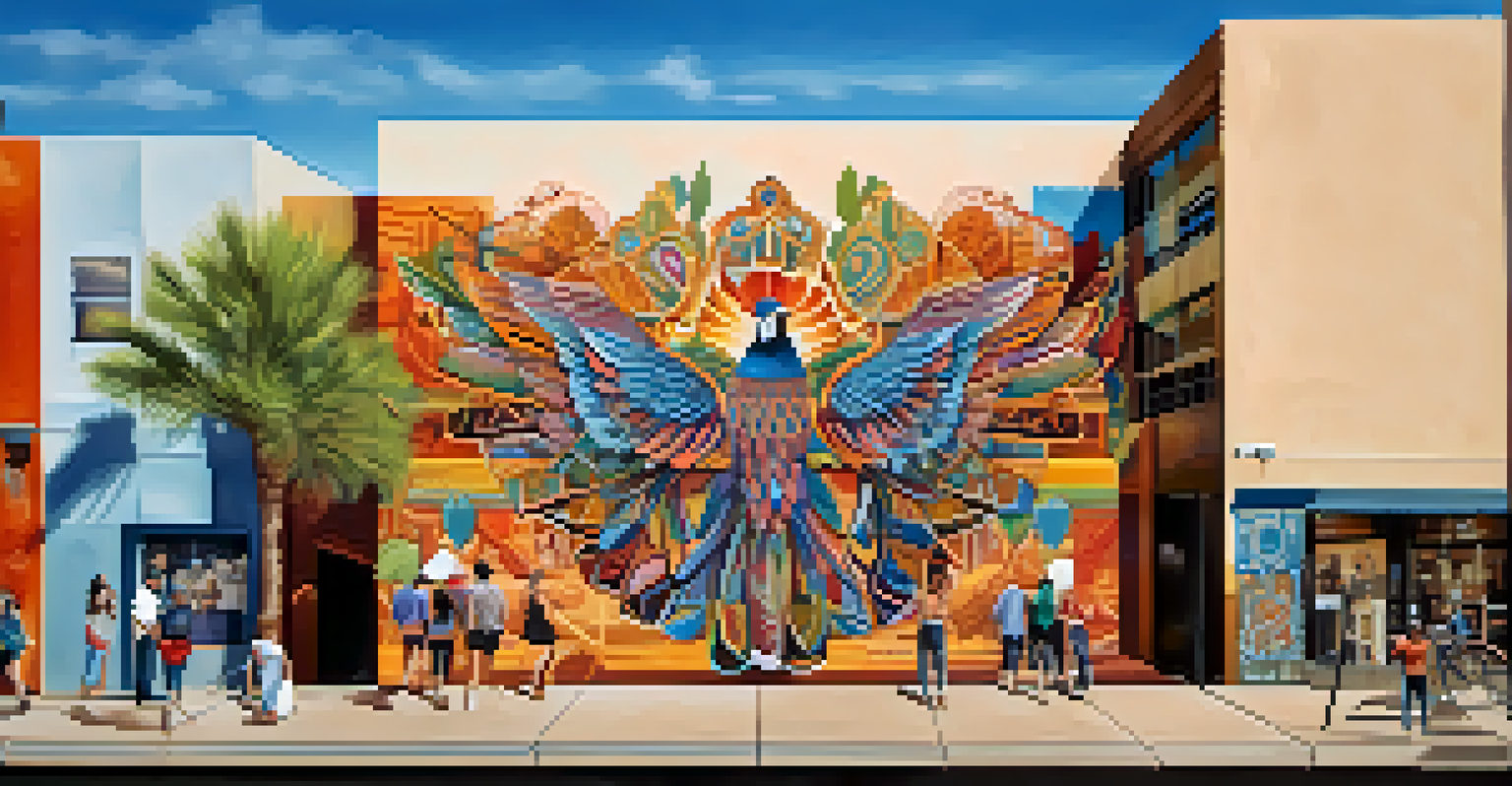 A colorful mural in downtown Phoenix displaying intricate designs and stories, set against modern buildings.