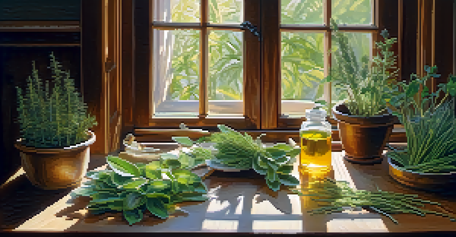 Close-up of hands preparing herbal remedies with sage and sweetgrass on a wooden table, illuminated by warm sunlight.