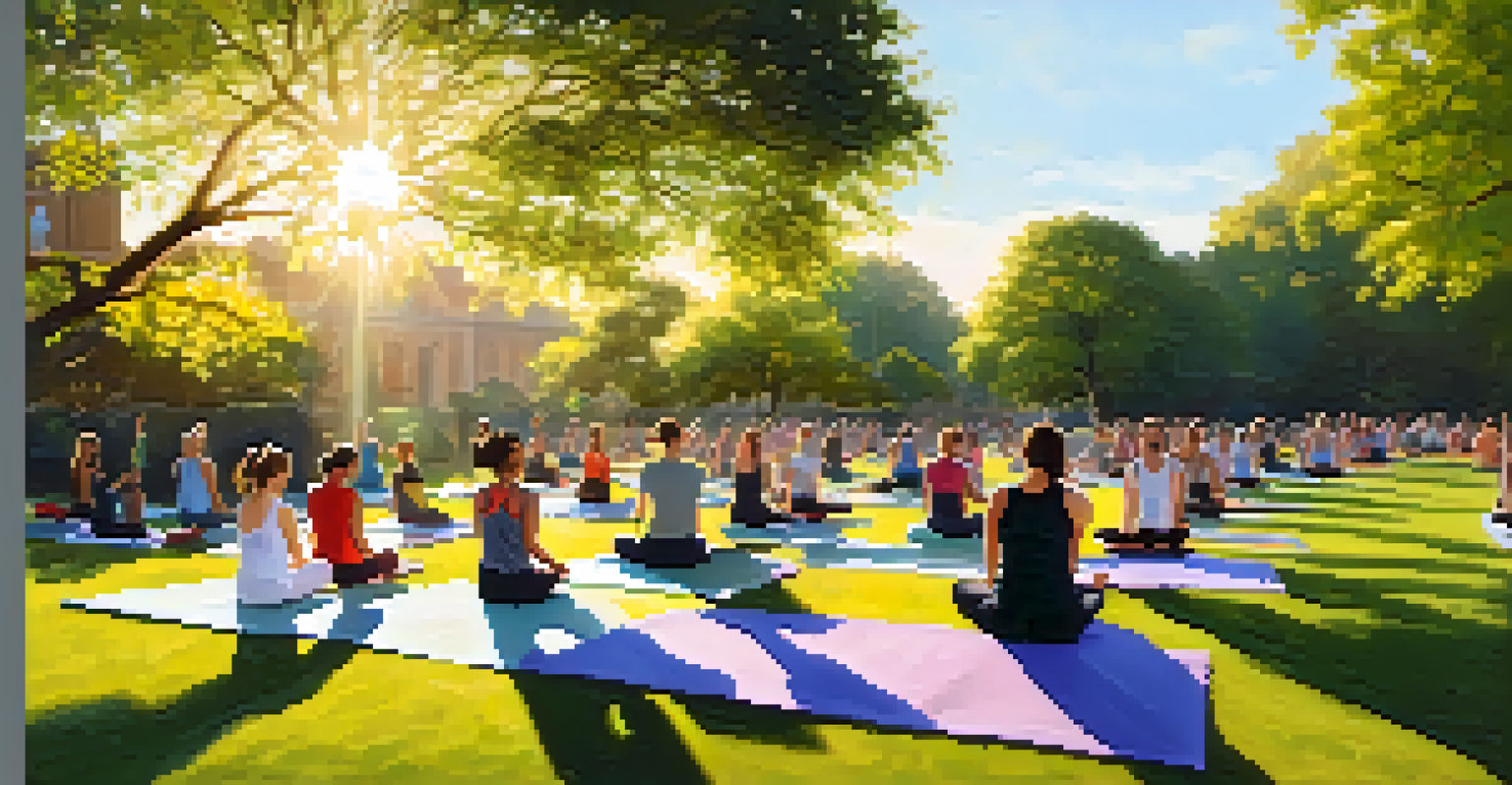 A diverse group of adults practicing yoga in a sunny Phoenix park, surrounded by lush greenery in a peaceful morning setting.