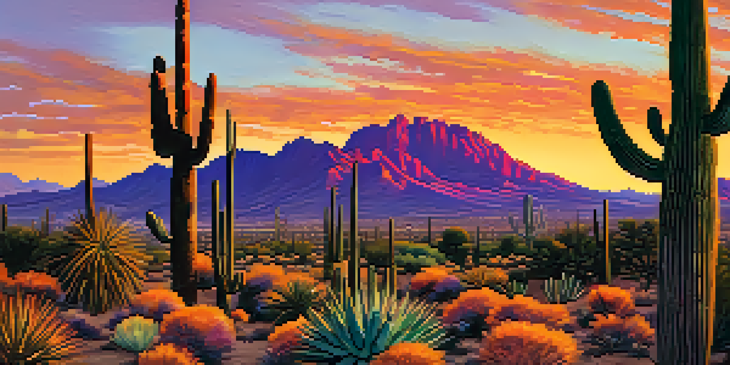 A panoramic view of the desert landscape in Phoenix at sunset, featuring Camelback Mountain and cacti.