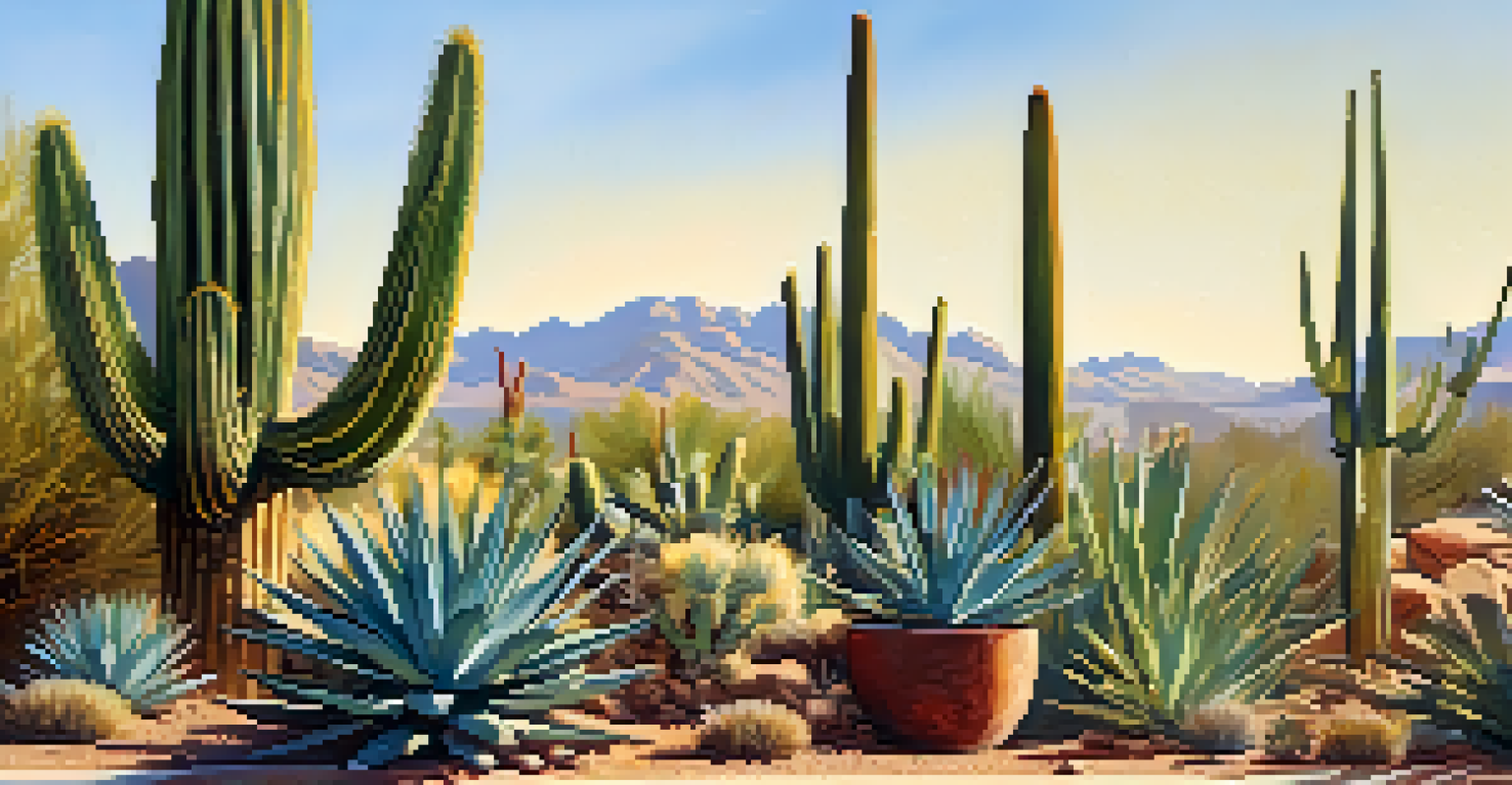Close-up shot of a desert garden with drought-resistant plants and a decorative rain gauge in warm sunlight.