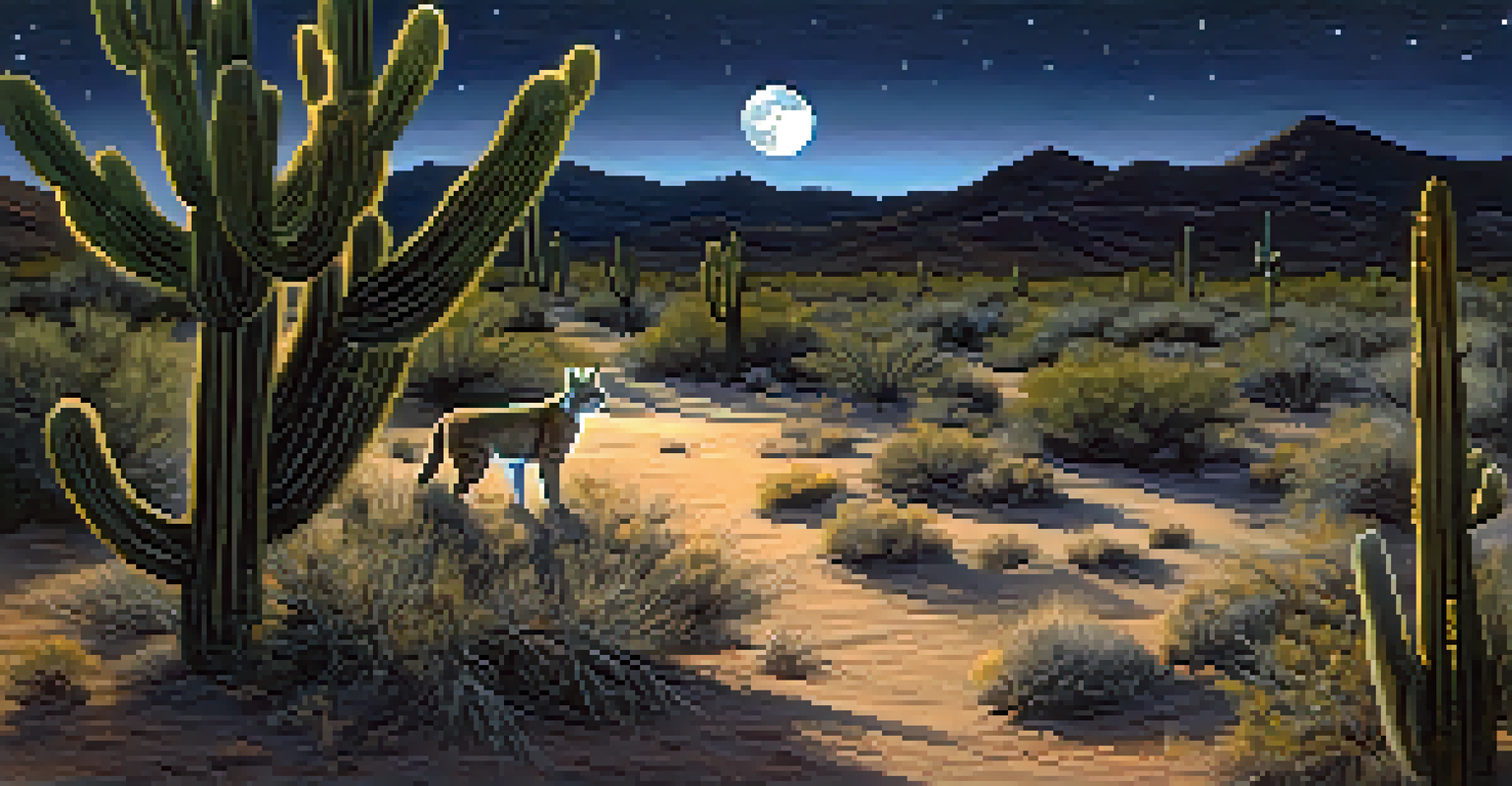 A bobcat moving through the Sonoran Desert at night under a full moon and starry sky.