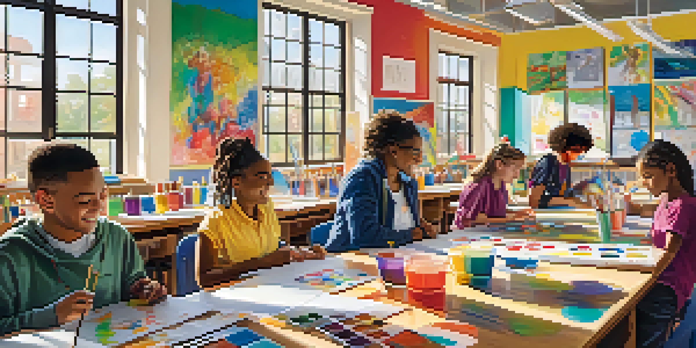 A lively classroom filled with students of various backgrounds working together on an art project, showcasing their creativity and joy.
