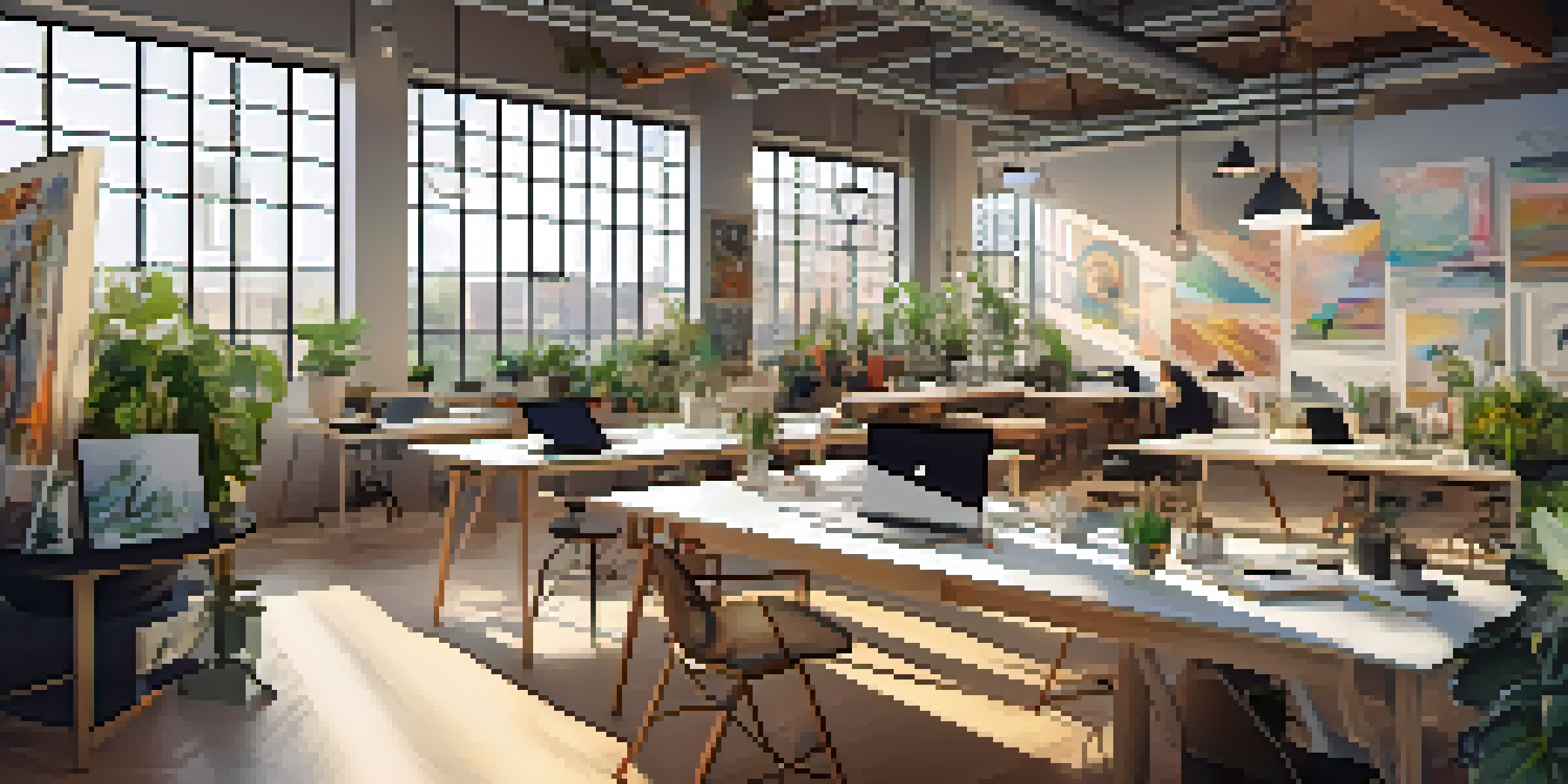 A bright and lively office environment where designers are collaborating, surrounded by art and technology.