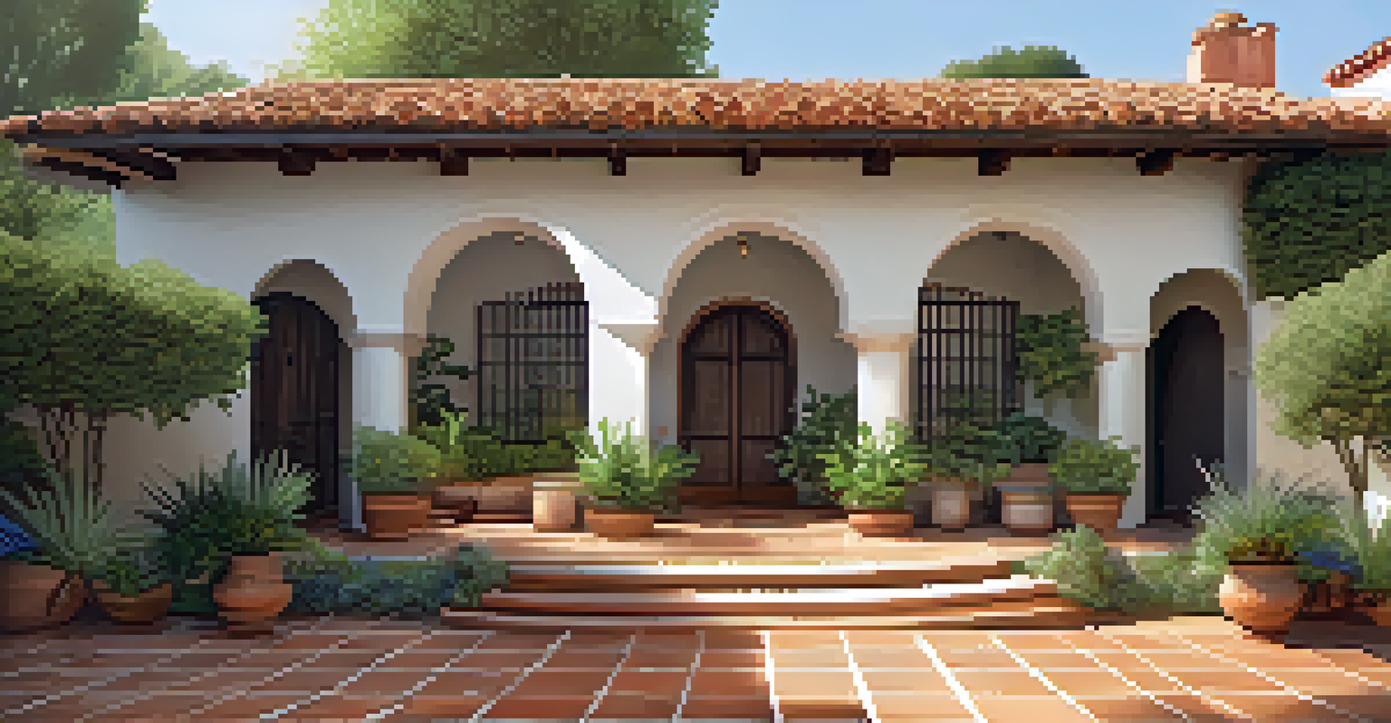 A serene courtyard with terracotta tiles, colorful decorative tiles, and lush greenery, featuring a wooden bench under an umbrella, illuminated by soft sunlight.