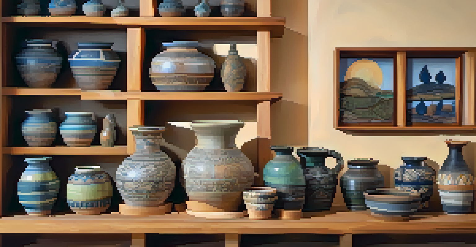 Display of unique handmade pottery in a cozy market corner, showcasing different shapes and glazes.