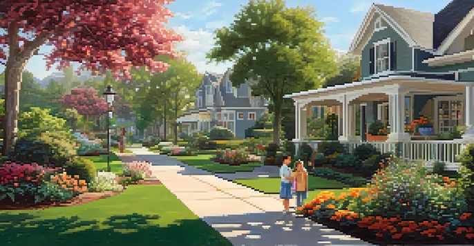 A vibrant neighborhood scene in Arcadia with families enjoying the outdoors, featuring beautiful homes and children playing in lush gardens.