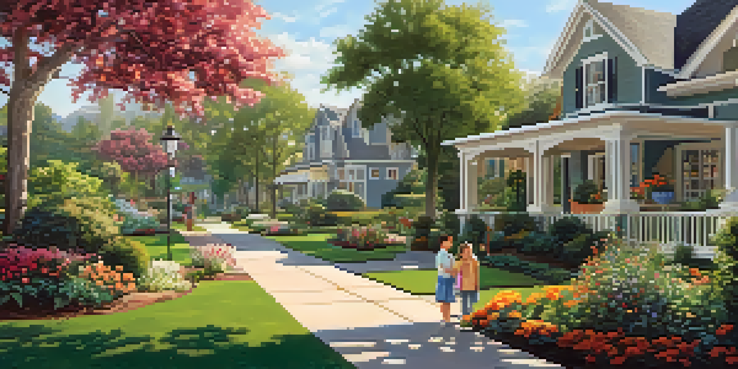 A vibrant neighborhood scene in Arcadia with families enjoying the outdoors, featuring beautiful homes and children playing in lush gardens.