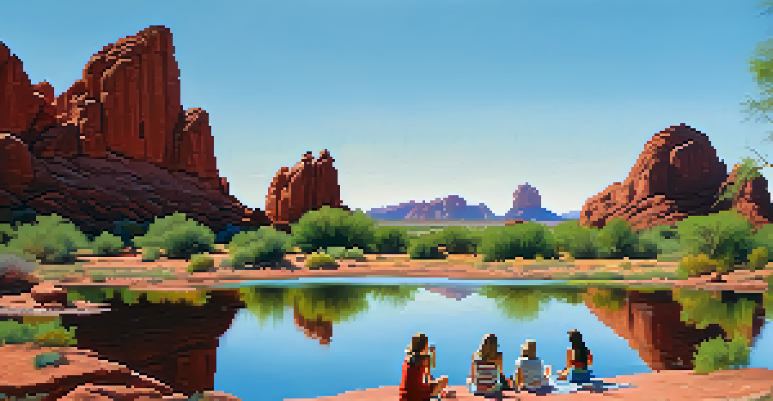 A family having a picnic by a lagoon in Papago Park, with red rock formations in the background and a clear blue sky.