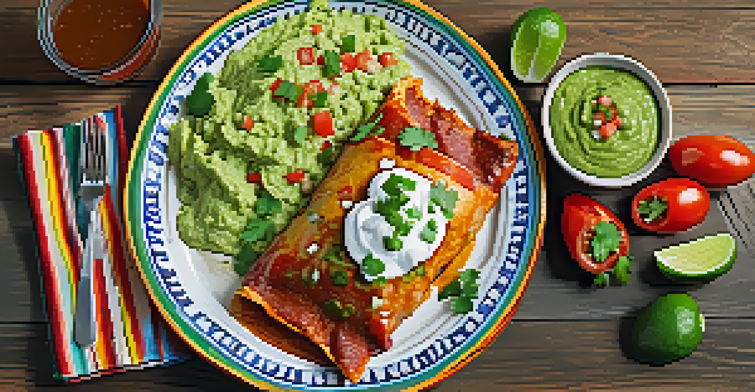 A close-up view of authentic Mexican enchiladas topped with green chili sauce, served with pico de gallo and guacamole on a rustic wooden table.