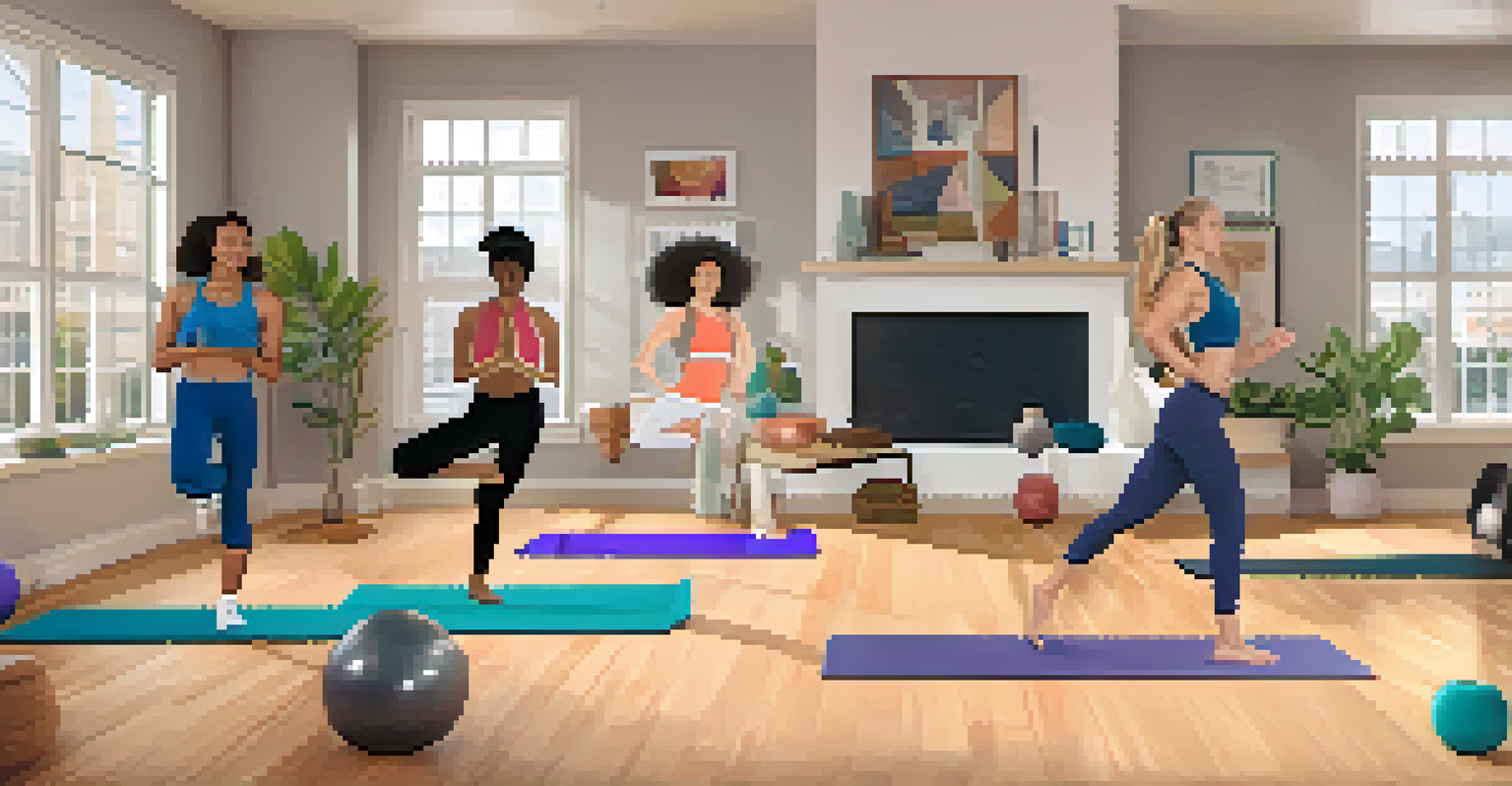 A diverse group of people doing a virtual fitness class from their homes, each engaged in different workouts while viewing an instructor on their devices.