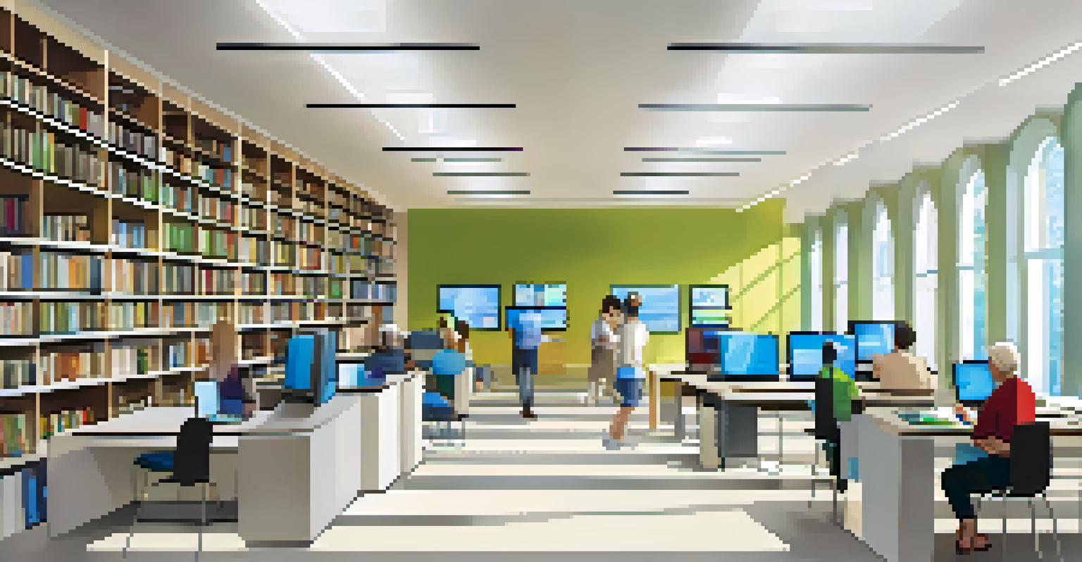 A modern library computer area with patrons using technology and large windows.