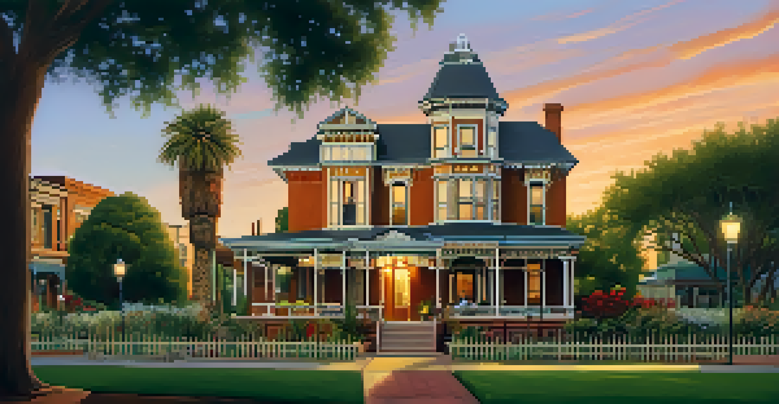 A scenic view of Heritage Square featuring the Rosson House and gardens during sunset, with people walking around.