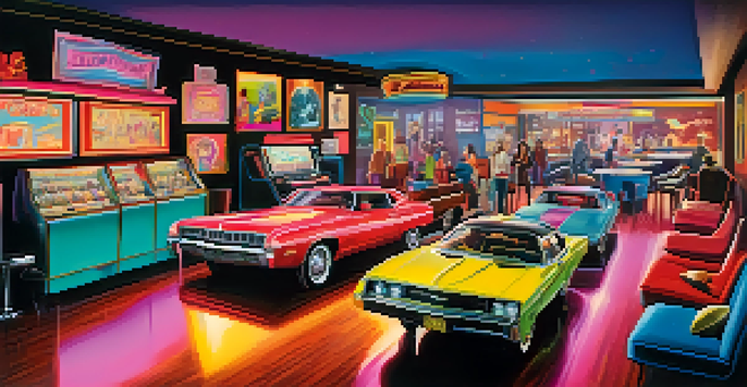 A colorful retro lounge filled with neon lights and vintage decor where people are enjoying cocktails.