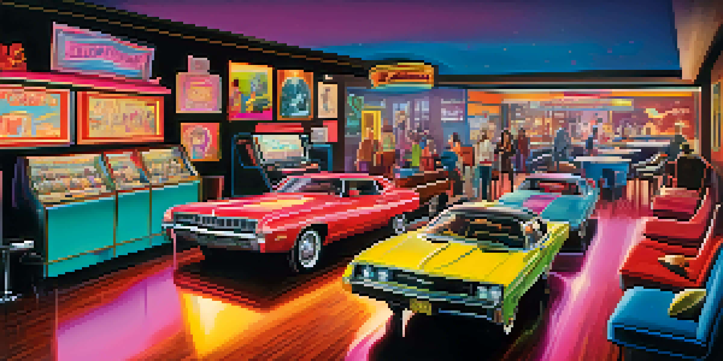 A colorful retro lounge filled with neon lights and vintage decor where people are enjoying cocktails.