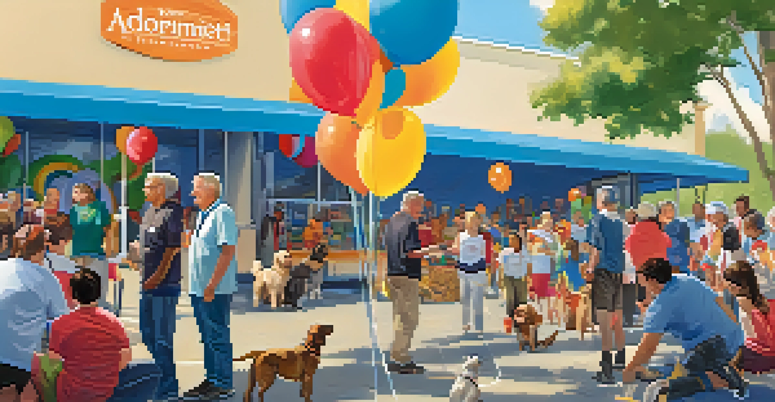 An outdoor pet adoption event with volunteers and families interacting with dogs. Bright banners and balloons add color to the scene.