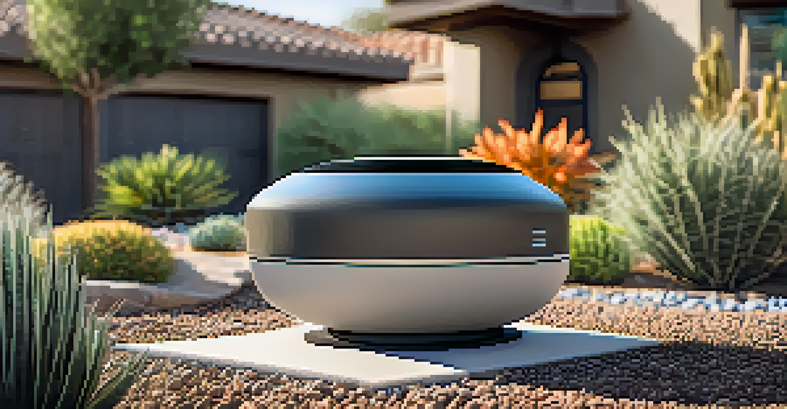 A close-up view of a smart irrigation system in a backyard, surrounded by xeriscaped landscaping with drought-tolerant plants.