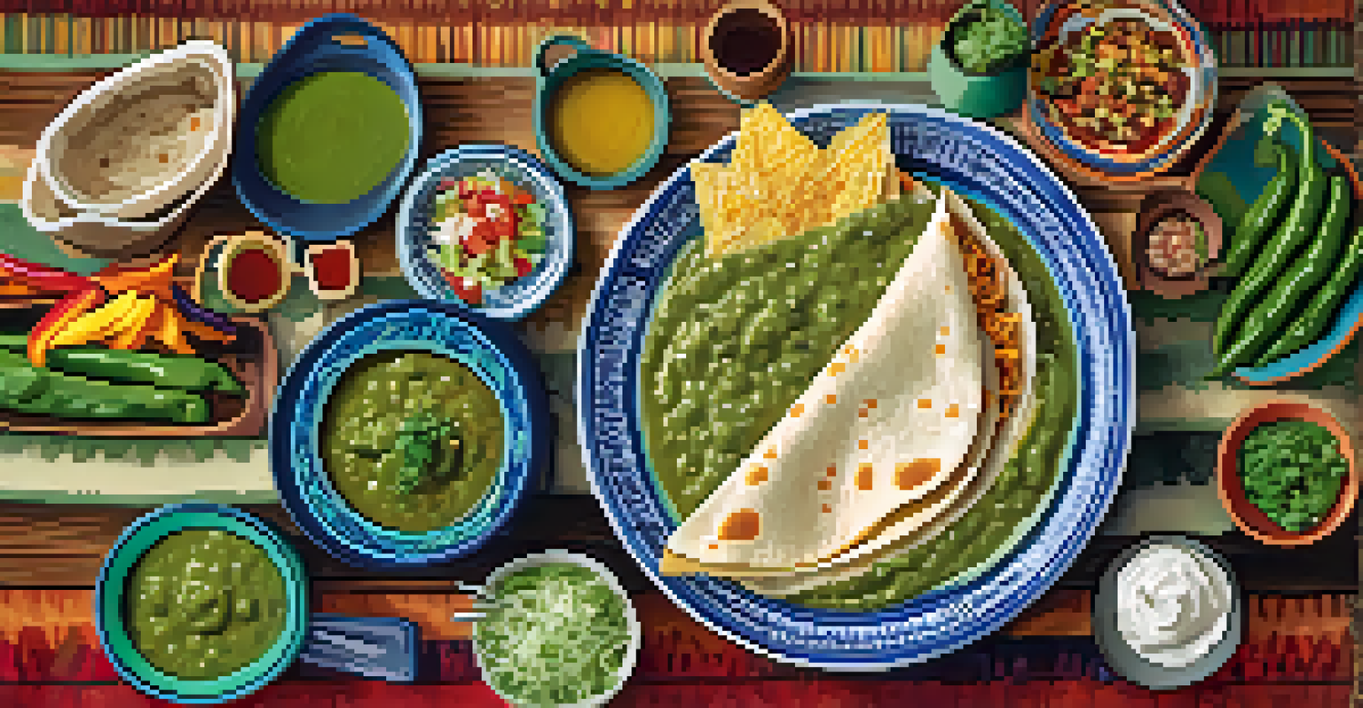 An artistic flat lay of Arizona's green chile dishes, including a burrito, enchiladas, and roasted green chiles, arranged on a rustic table.
