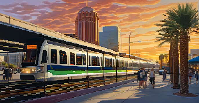 A colorful view of downtown Phoenix with a light rail train and people at the station during sunset.