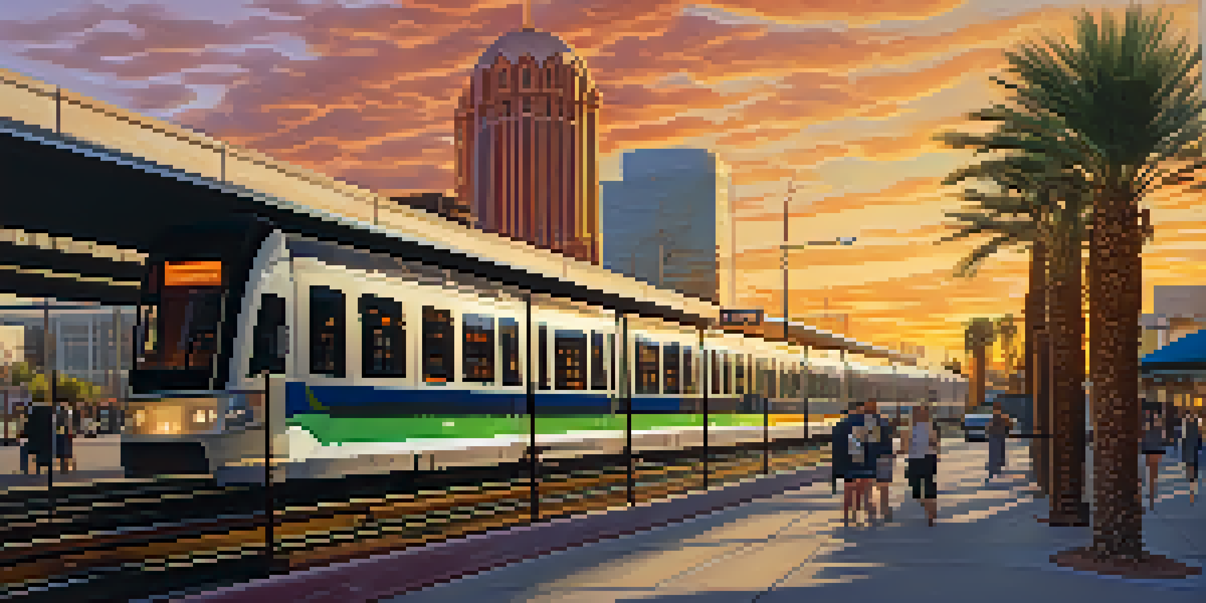 A colorful view of downtown Phoenix with a light rail train and people at the station during sunset.