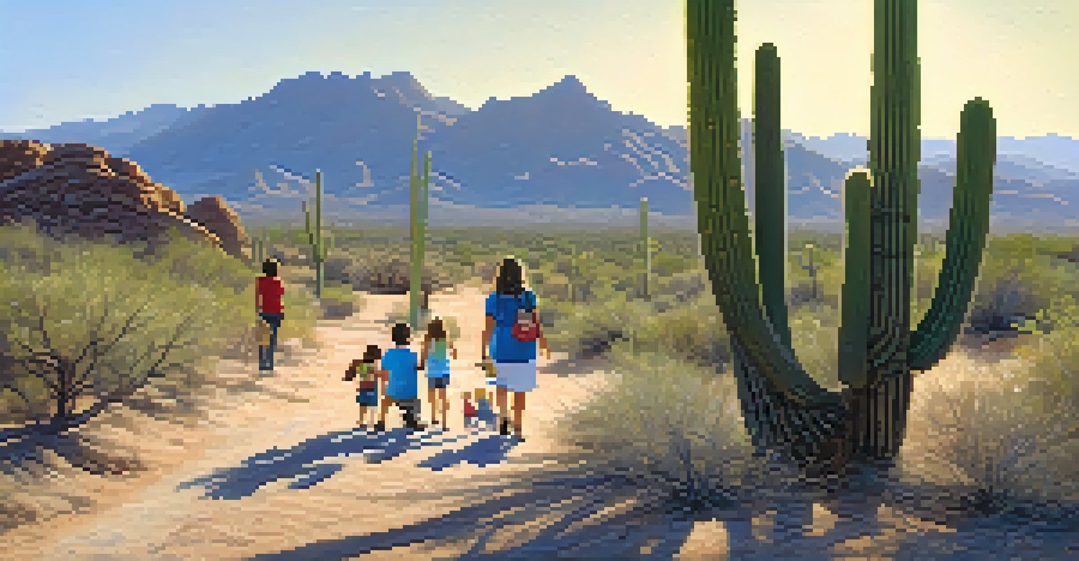 A family participating in a wildlife tour in the Sonoran Desert, with children observing a jackrabbit and surrounded by saguaro cacti.
