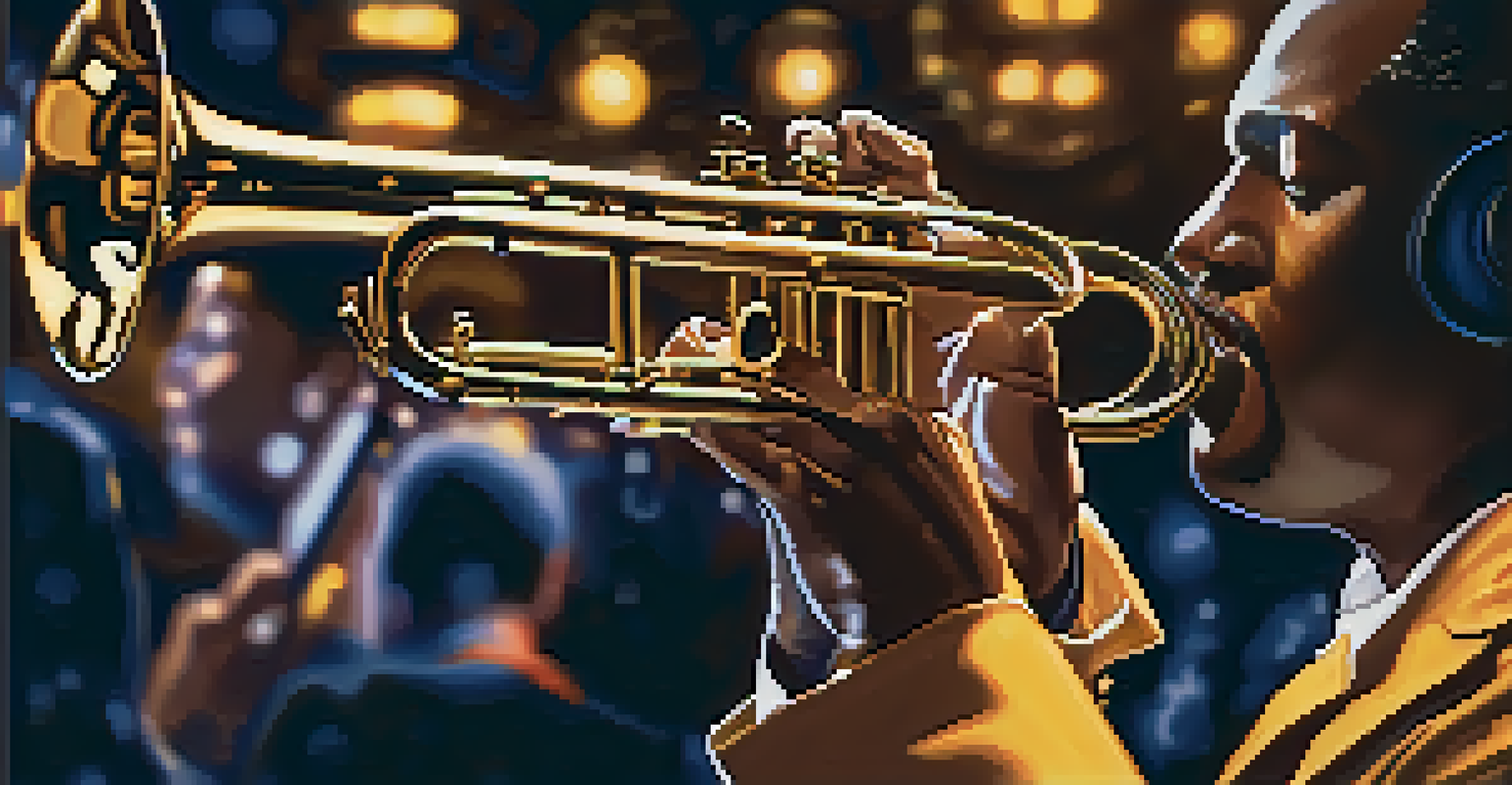 Close-up of a trumpet held by a musician, with blurred silhouettes of people enjoying jazz music in the background.