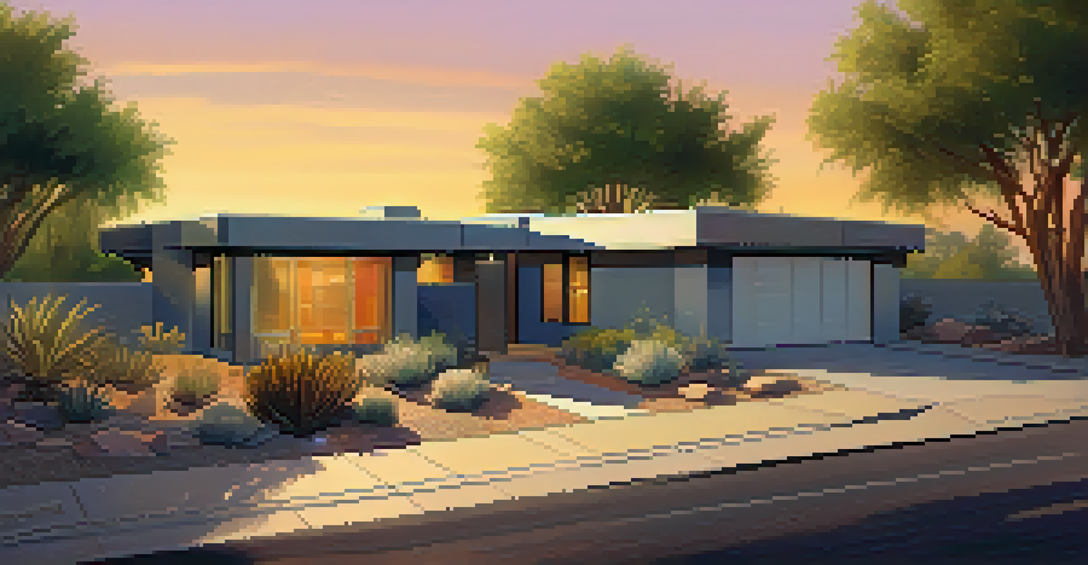 A modern home with a visible underground cistern and drought-resistant landscaping, captured during golden hour.