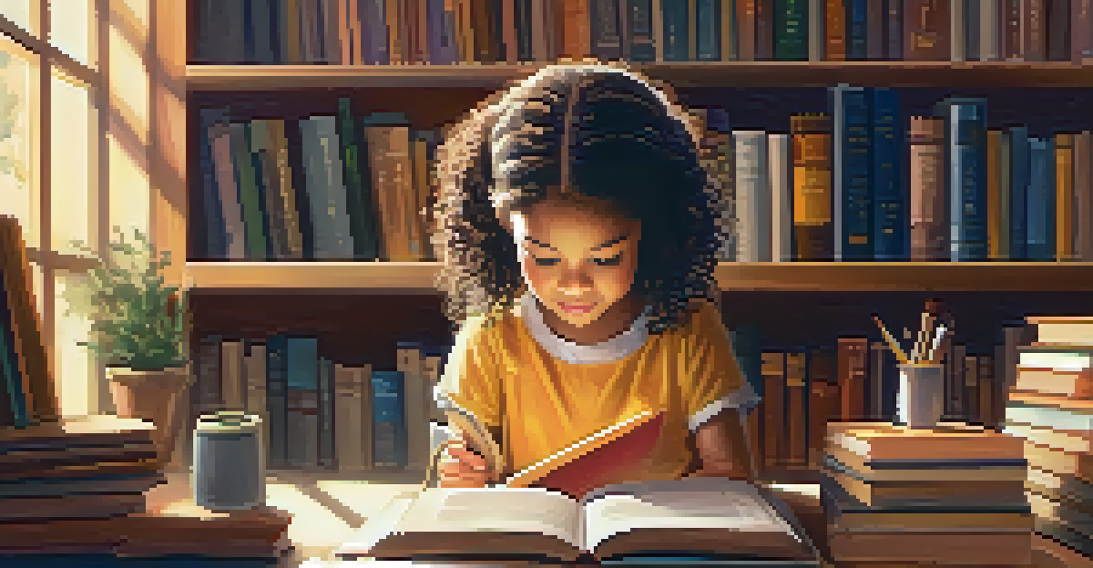 A young girl immersed in reading a book in a cozy library setting with warm lighting.