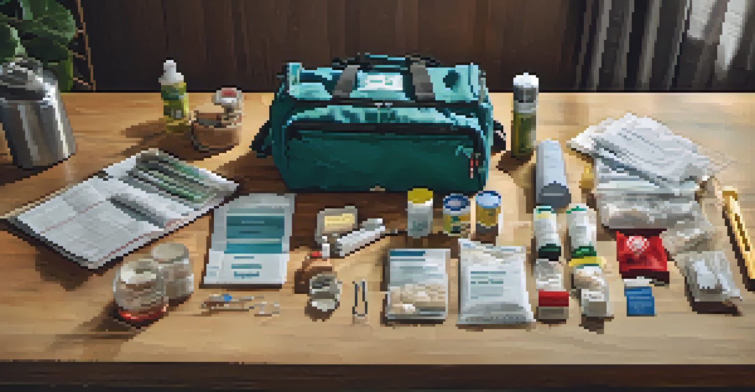 An emergency kit with water bottles, food, a flashlight, and a first aid kit displayed on a wooden table with checklists and family photos.